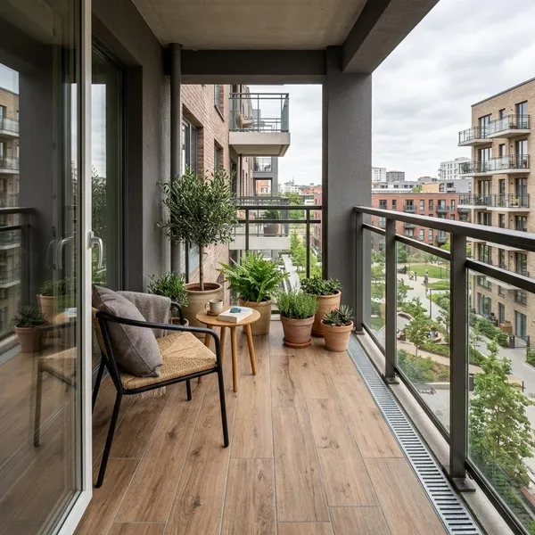 Houtlook tegels op een klein balkon