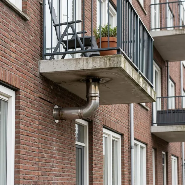 rookgasafvoer onder balkon