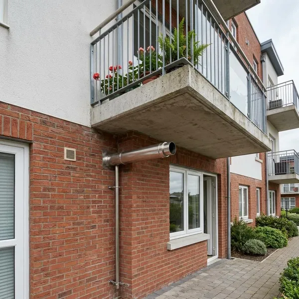 Mag een rookgasafvoer onder een balkon uitkomen?