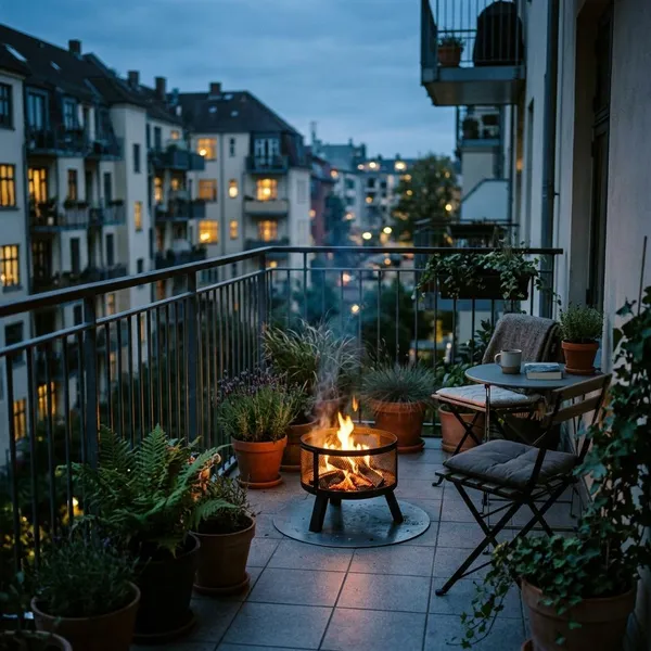 Vuurkorf vuurschaal of vuurtafel op balkon